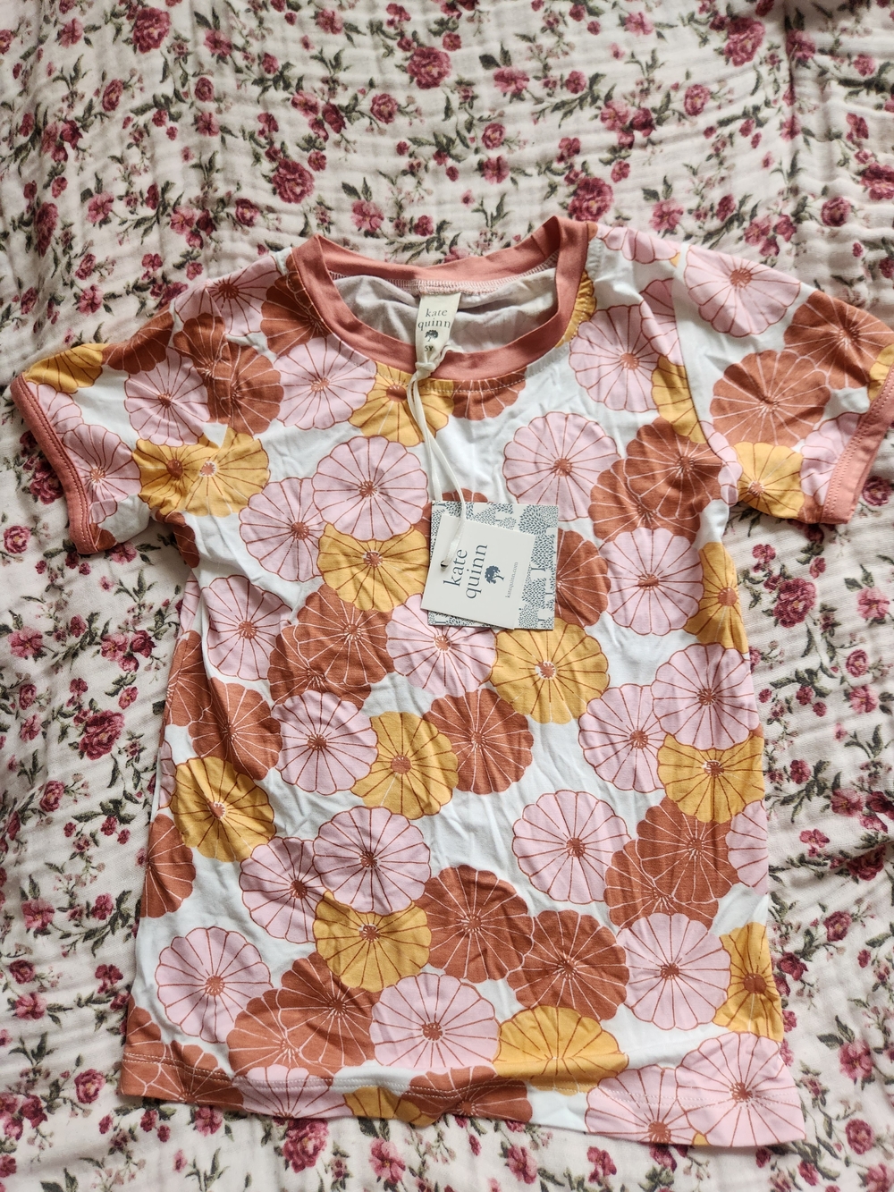 kate quinn White Tee with Pink, Mustard & Rust Floral Print